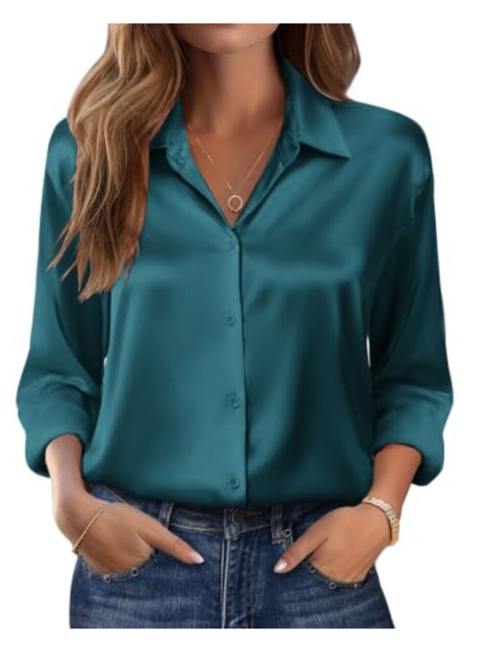Silky Satin Blouse Women V Neck Long Sleeve Button Down Office Top